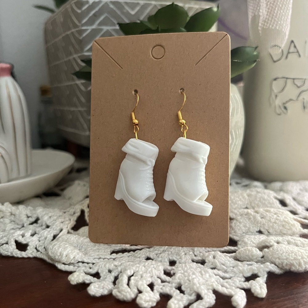 *3 for $20* White Open Toe Boot Barbie Shoe Earrings